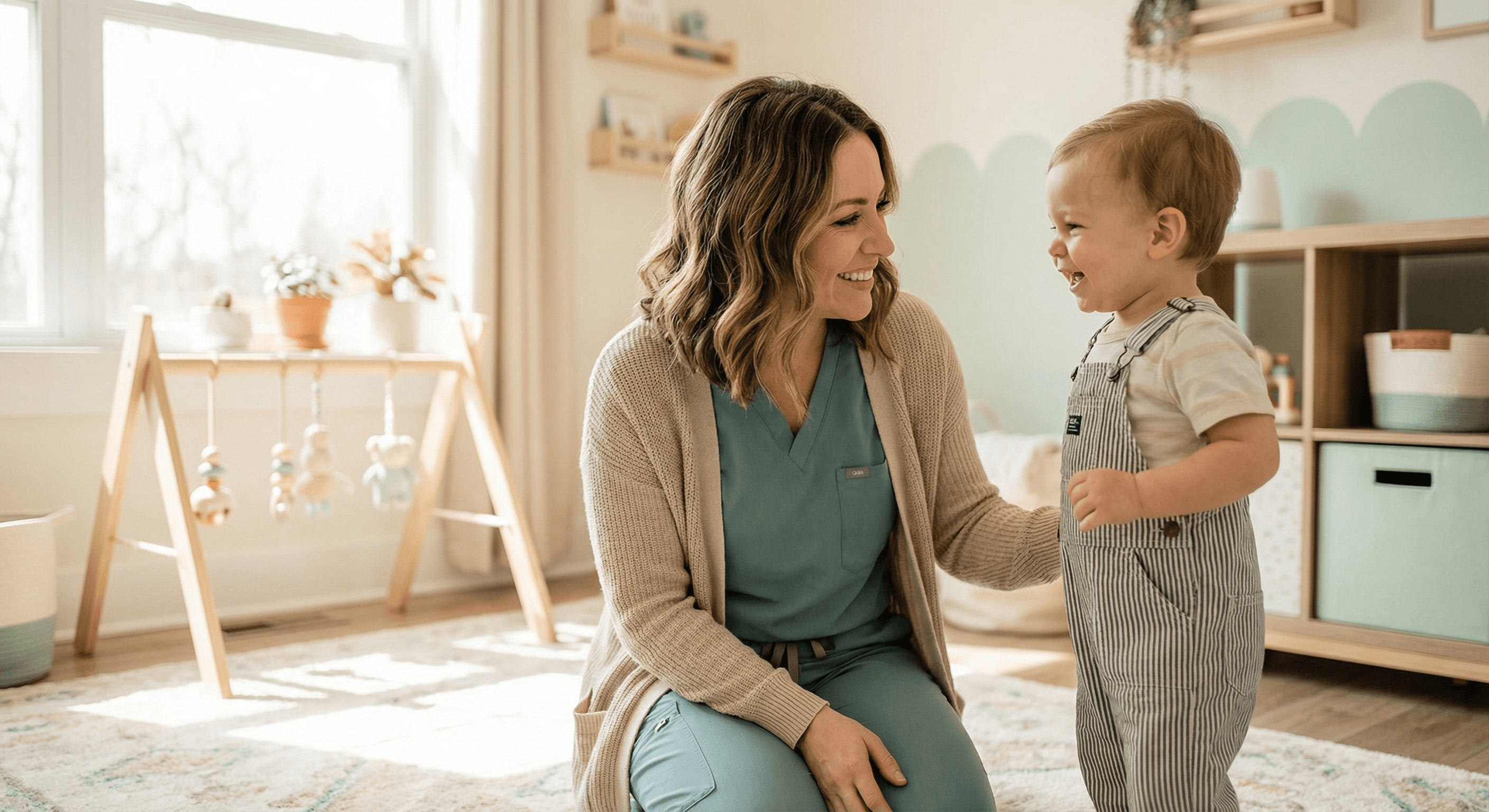 Professionnelle de crèche interagissant avec un enfant dans un environnement chaleureux